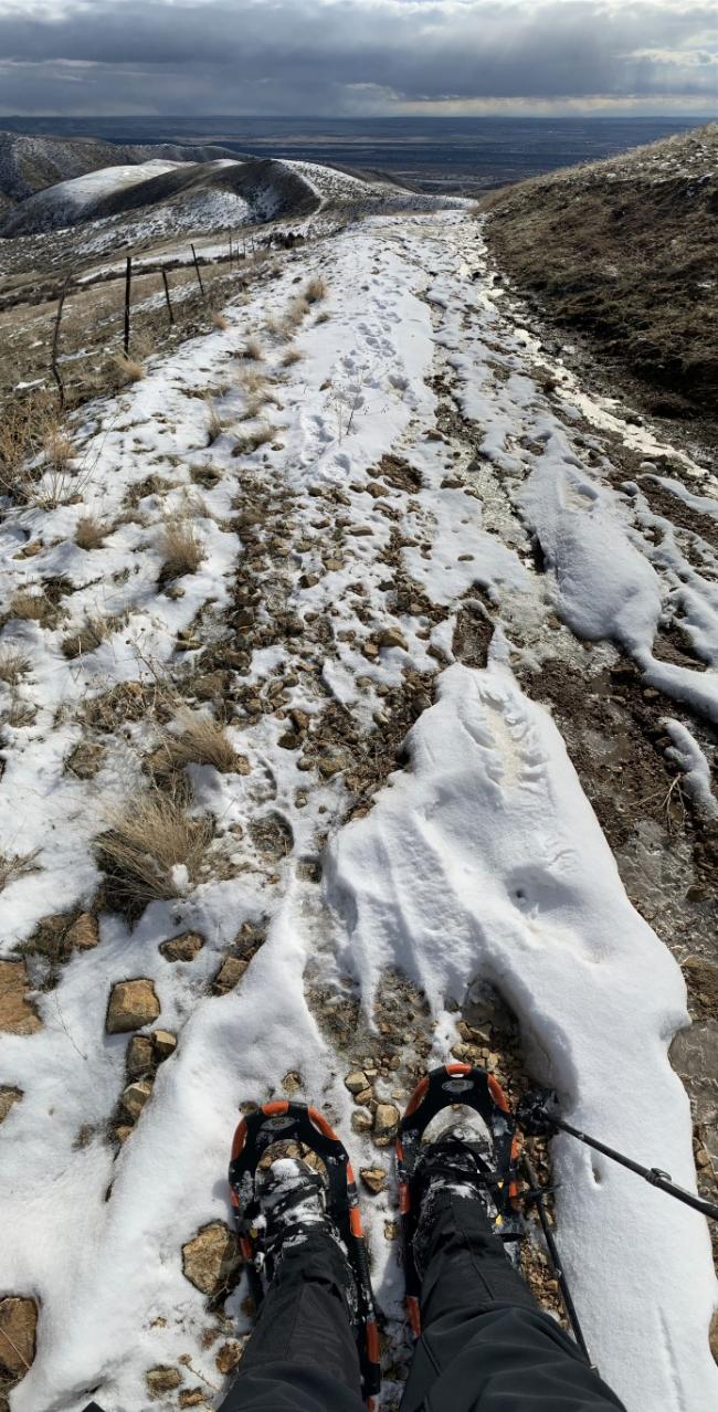 Heading down and ran out of snow.  Still about 900ft vertical down to go.