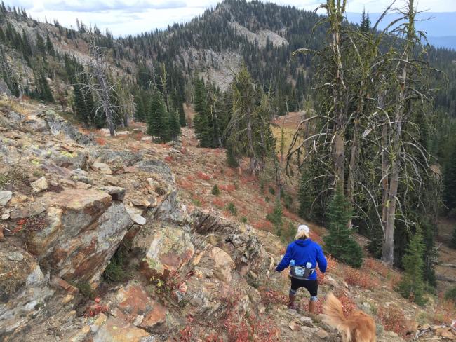 Starting back down from the summit.  Brundage ski area in the distance.