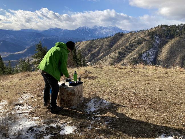 Setting up on a stump at the summit