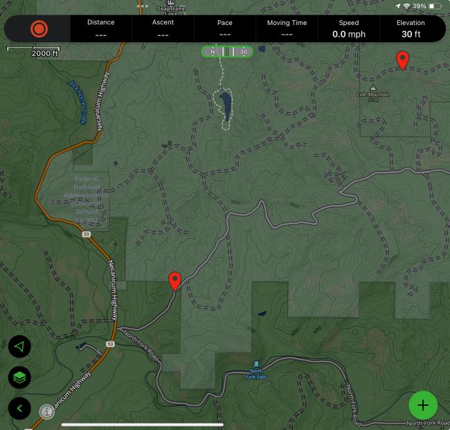 Screenshot of Gaia map showing points for summit and gate location