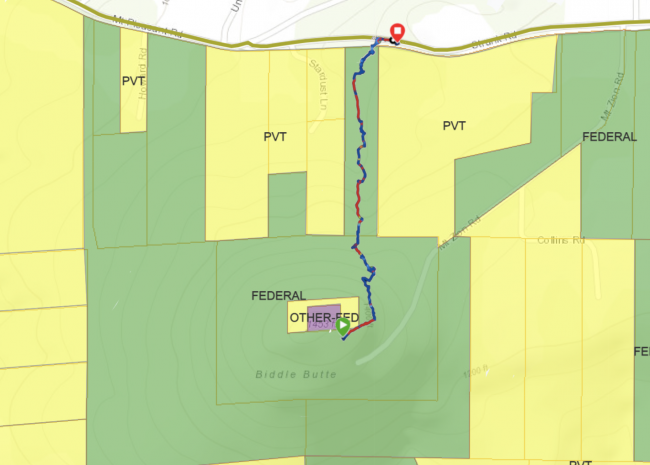  My route imposed onto the ownership map provided by Columbia River Gorge Commis