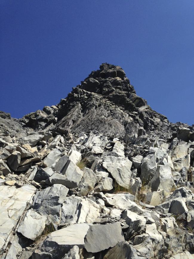 looking up talus field on way to summit