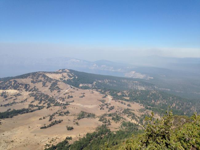 View towards Crater Lake from summit on a smoky day