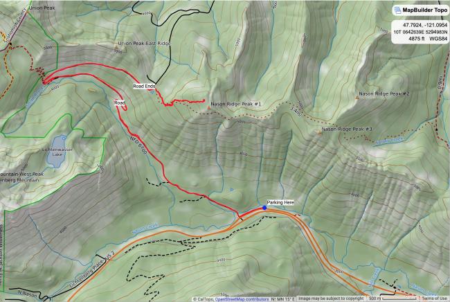 Topo Map depicting winter route to Nason Ridge